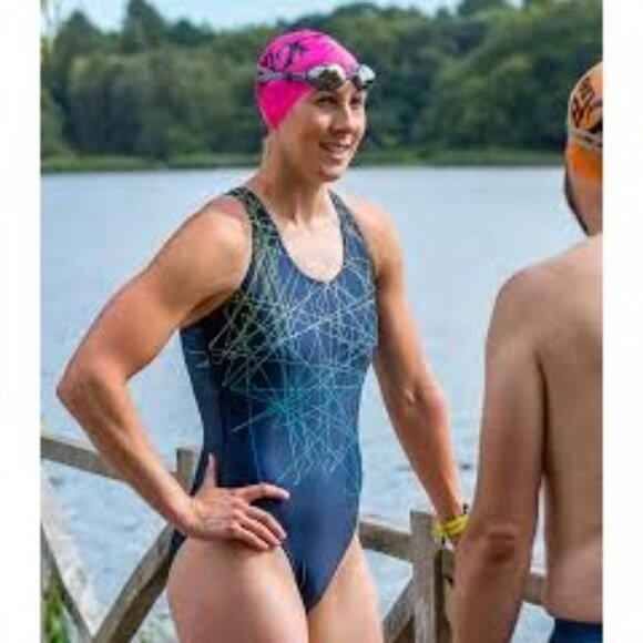 NWOT Stolen Goat Womens Blue Green Geometric Pattern Vortex Swim Suit Sz Xl 2586 - Picture 4 of 15